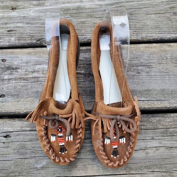 Vintage 70s Western Boho NativeMoccasins Beaded Thunderbird Suede Leather Fringe - Picture 2 of 6